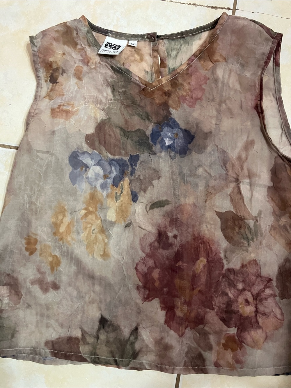 Johnny Was Floral Watercolor V-Neck Sheer Camisole in Neutral Multi